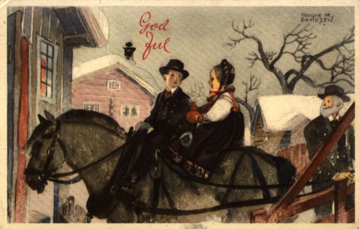 Julekort. Jule- og nyttårshilsen. Gårdstun. Bunadskledt par kommer ridende til gards. Bunadskledt mann ved grinda. Stemplet 24.12.1954.