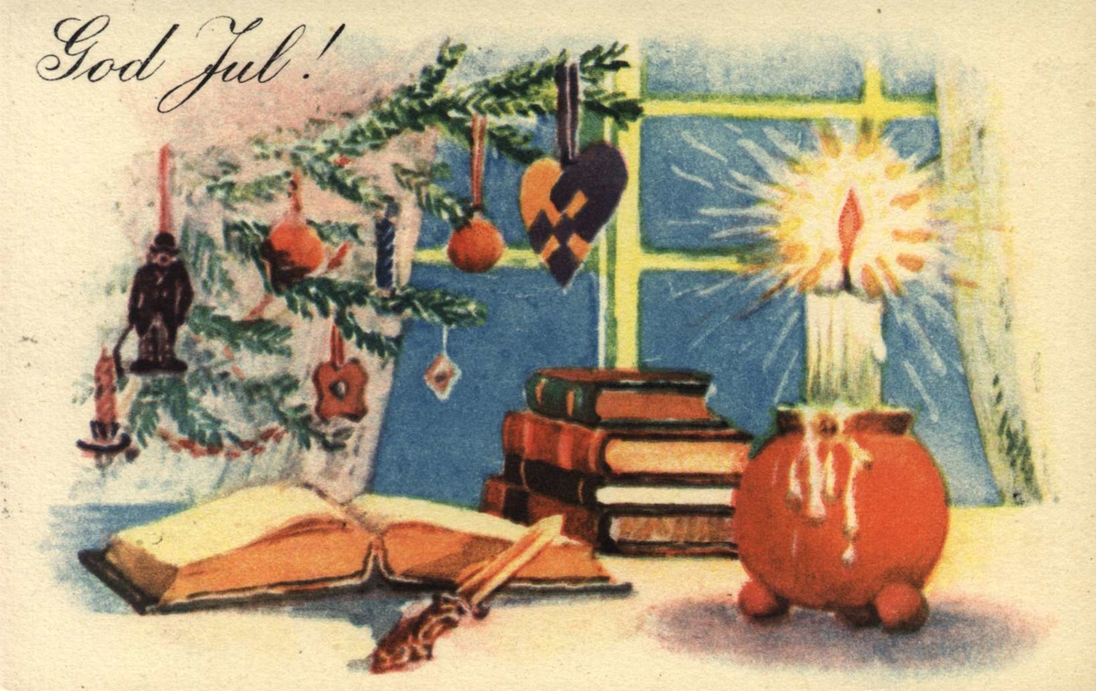 Julekort. Ubrukt. Bord med oppslått bibel. Julepynt og lysestake.