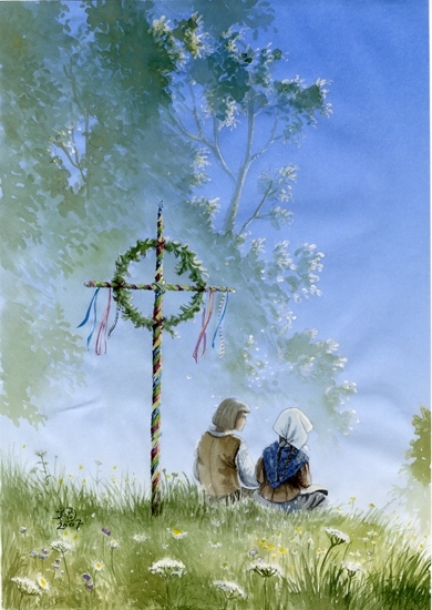 Akvarellmålning.
Midsommar. Ett ungt par sitter och pratar i gräset vid en midsommarstång.