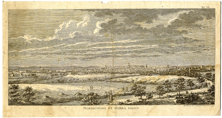 Litografi.
Vy över Norrköping från norr, 1797.