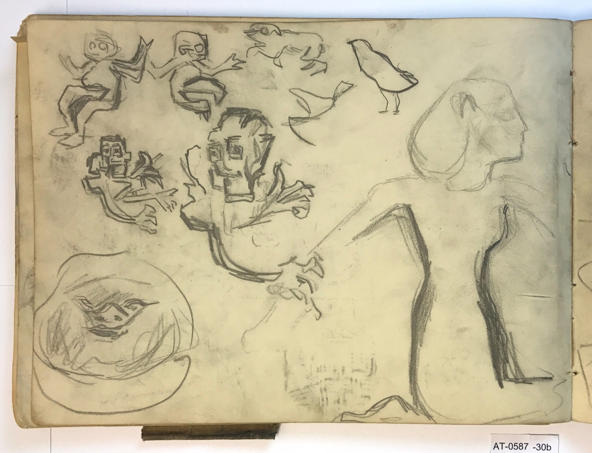 Stiliserte skisser av dyr, fugl og ei egyptisk kvinne [Tegning]