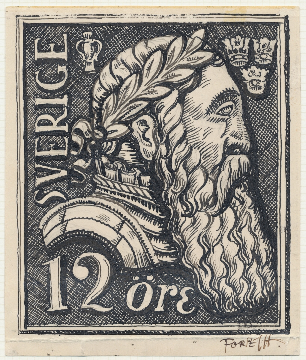 Motivet visar Gustav I (Eriksson) Vasa (1496-1560) efter en flerfärgad ekrelief ca 1550 av Willem Boyen.