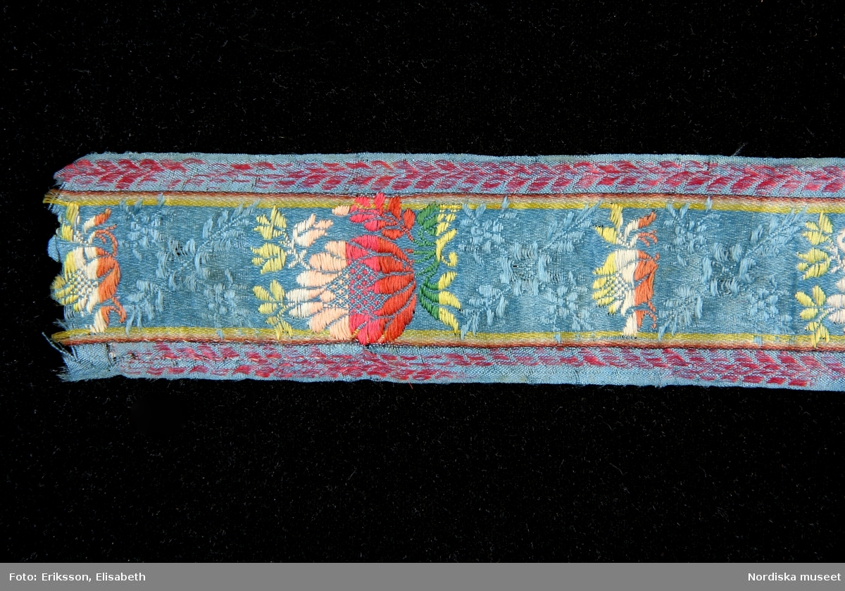 Mönstervävt sidenband med blommor i rosa, gult, vitt och grönt på ljusblå botten och med rosa kantslinga. 
En vanlig bandtyp i folklig dräkt som användes framförallt till brudklädslar och andra högtidsplagg.
Har fästs på brudtröja 545 från Herrestad hd inför utställning. Att fästa ett långt sidenband med hängande ändar bakpå brudens  tröja är en sedvänja beskriven av N.G.Bruzelius.
/Berit Eldvik 22010-11-25