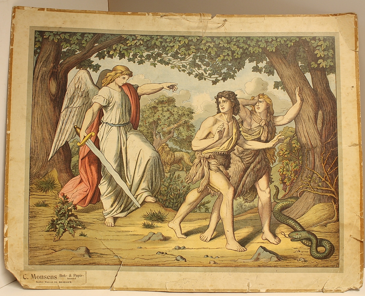 Rektangulær plakat. Viser en engel som kaster Adam og Eva ut av paradiset. Hyssing til oppheng.