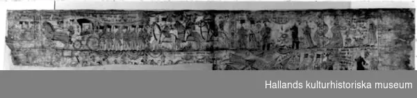Bonad målad på väv. Motiv: Övre: Pharao gjorde redo sin Wang och jagar efter Israels barn. Nedre: Jerikos fallna murar, Moses och Aron inför Farao, Moses inför Gud. Halva nedre vänstra delen saknas.