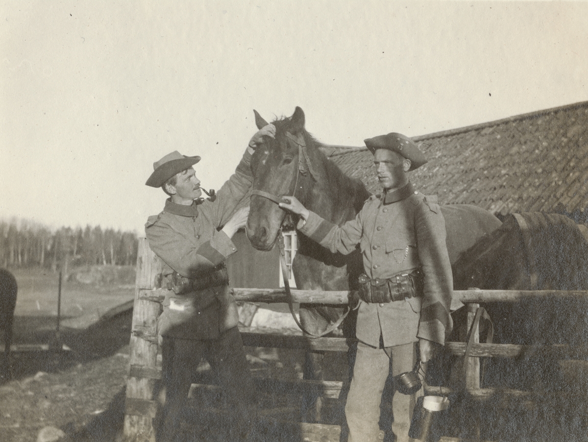Två soldater från Göta livgarde I 2 sköter om en häst.