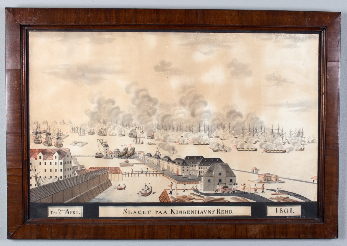 Slaget på Københavns red. Slagscener sett fra land mot havnen. Den britiske og den dansk/norske flåten i trefning.