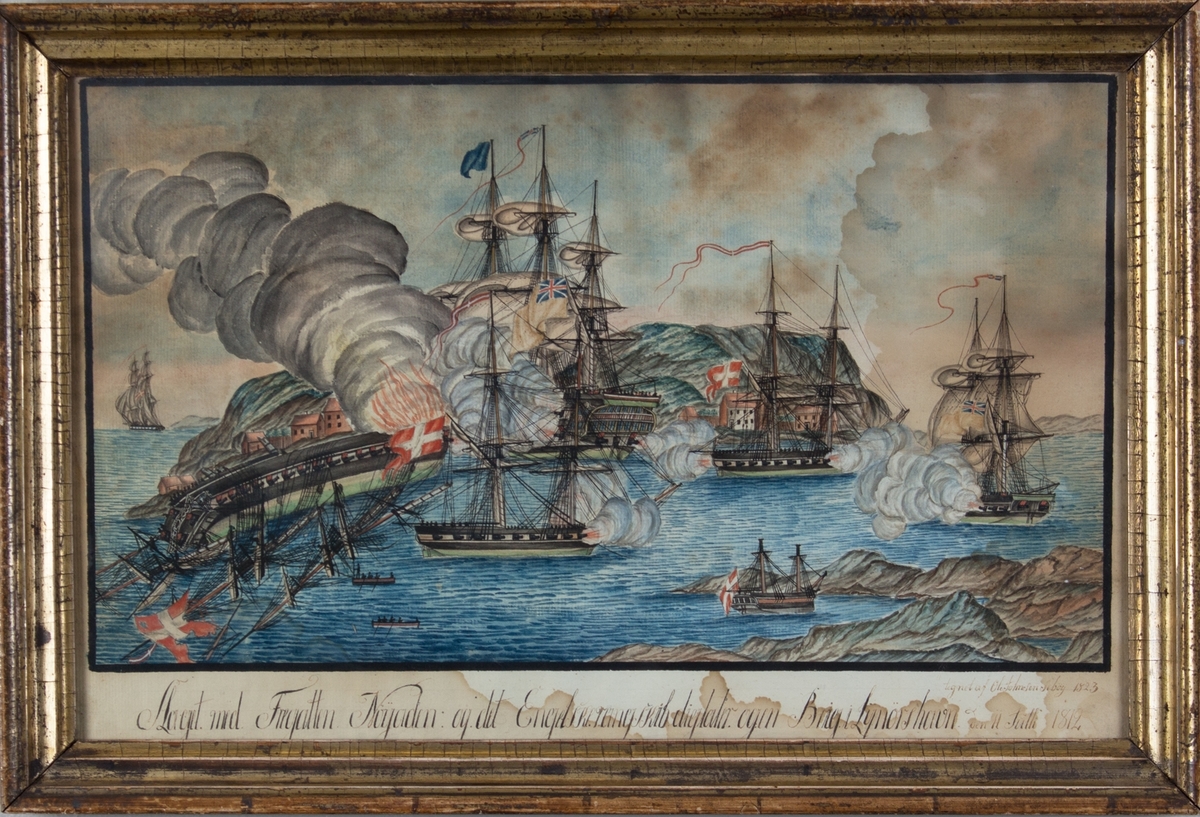 Viser slaget med fregatten NAJADEN og det engelske rangskipet DICTATOR og en brigg. Ved Lyngør 1812.