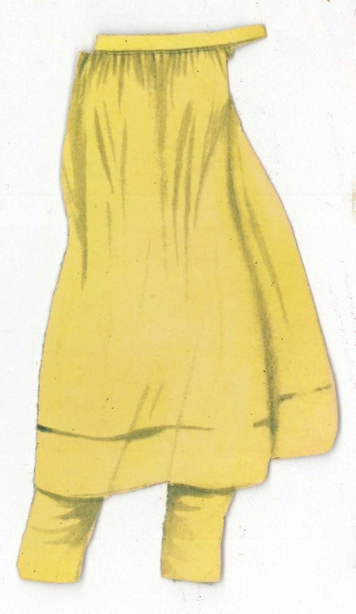 Klippdockskläder, en gul kjol med leggings. Kjolenär hemmagjord.

Tillhör klippdockan i papp (VM29163:1).