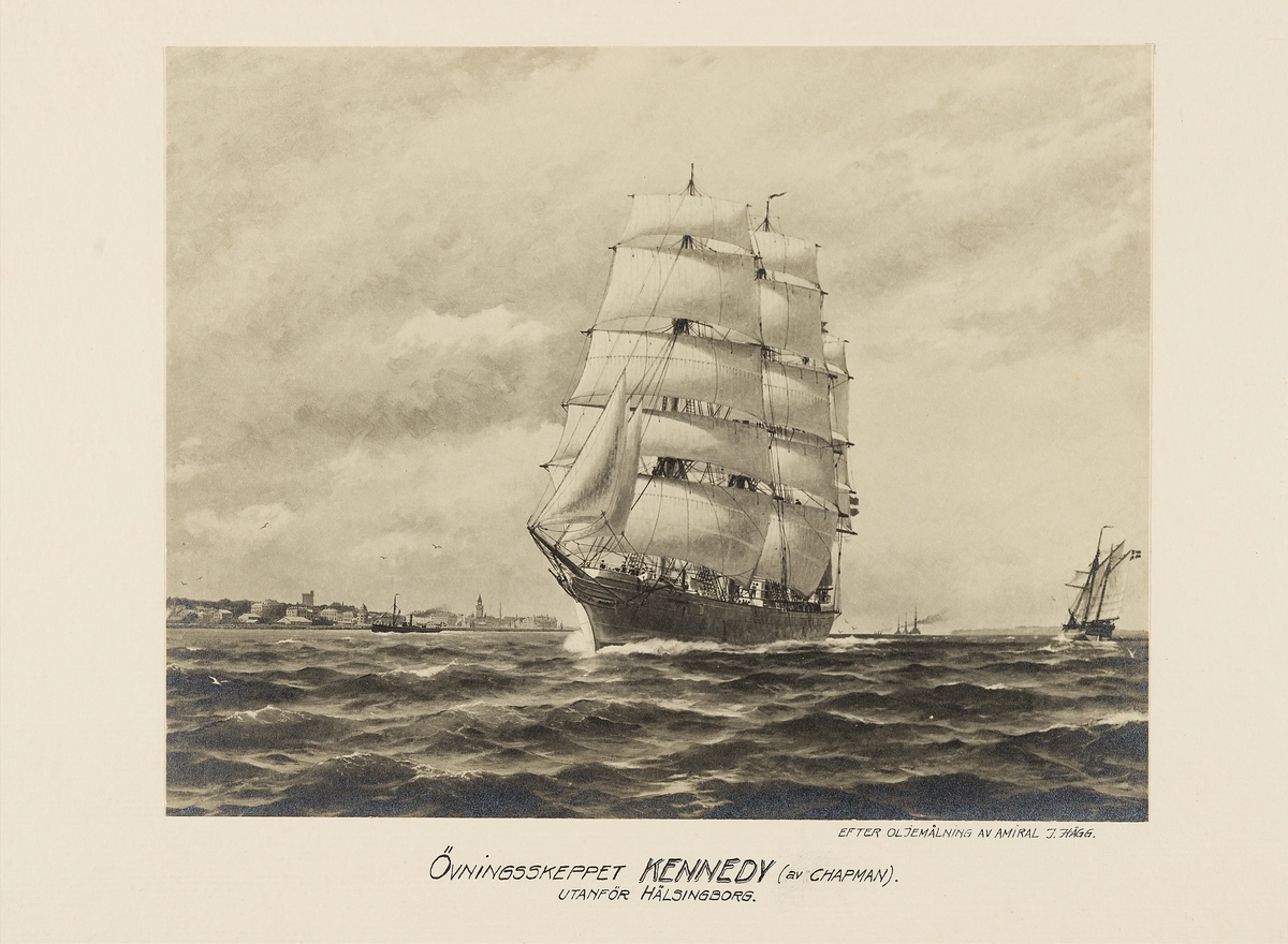 Fotografi efter målning gjord av J. Hägg, av övningsskeppet "Kennedy" (af Chapman) utanför Helsingborg.