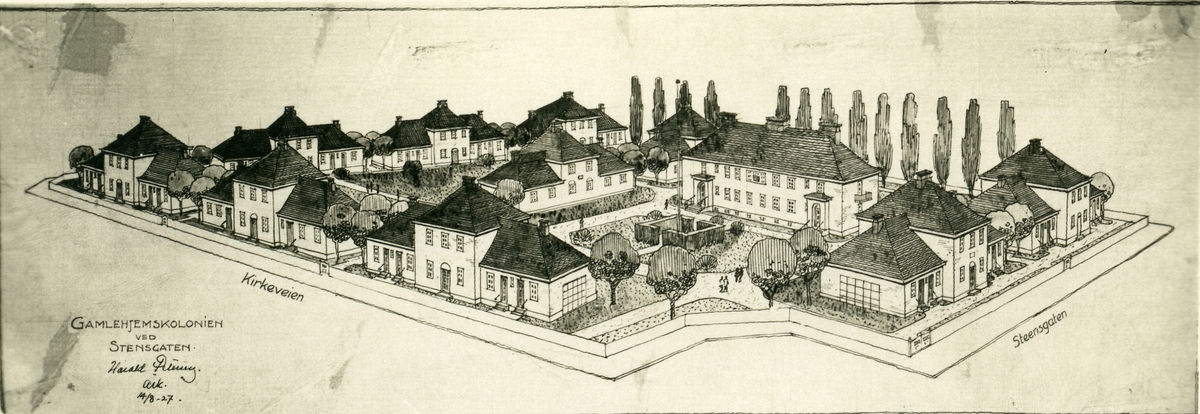 Postkort med arkitekttegning av "Gamlehjemskolonien ved Stensgaten, Oslo.