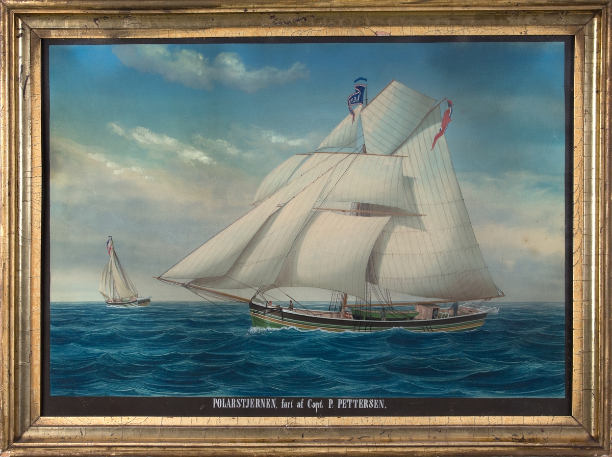 Skipsportrett av jakt POLARSTJERNEN under seil i rom sjø. Vimpel med skipets navn i mast samt norske flagg akter. Ser samme skute malt aktenfra foran hovedmotiv.