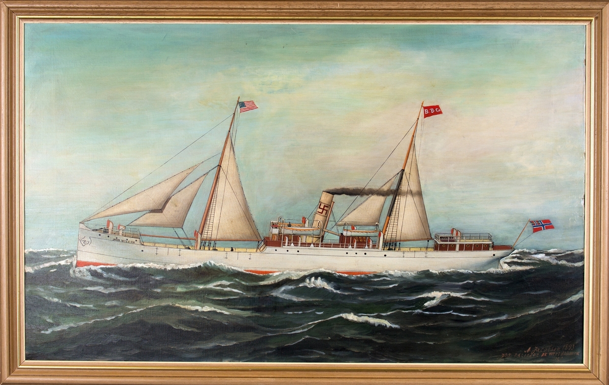 Skipsportrett av DS JOHN WILSON under fart med seilføring. Fører unionsflagg akter og det amerikanske flagg i fortoppen.