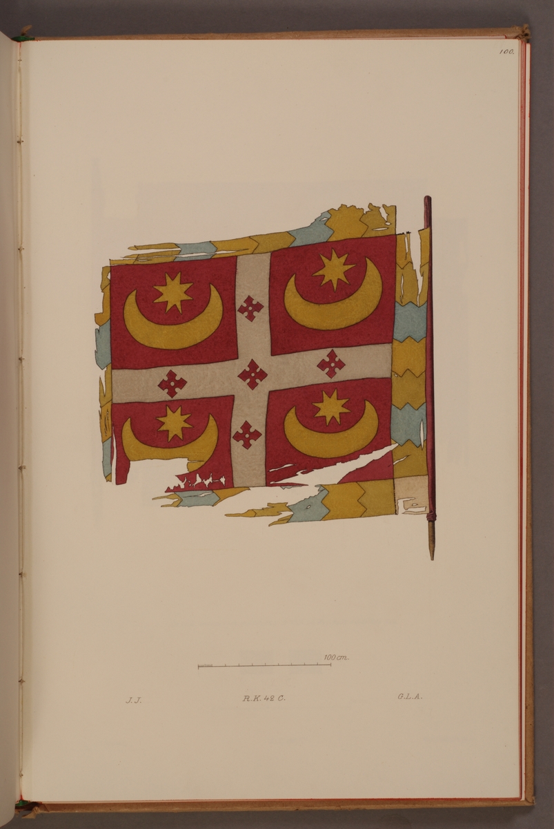Avbildning i gouache föreställande fälttecken taget som trofé av svenska armén. Den avbildade fanan finns bevarad i Armémuseums samling, för mer information, se relaterade objekt.