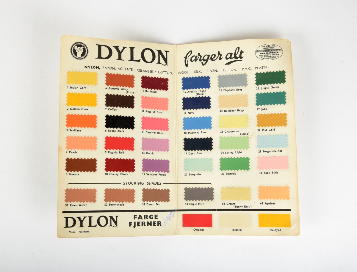 Tekstilfarge oppbevart i original eske med fargekart. Kapsler i mange forskjellige farger.