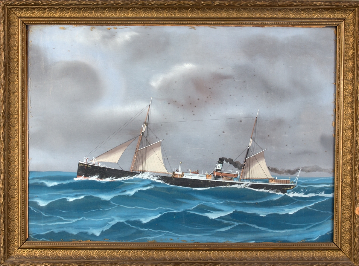 Skipsportrett av DS DIANA under fart i åpen sjø med seilføring.