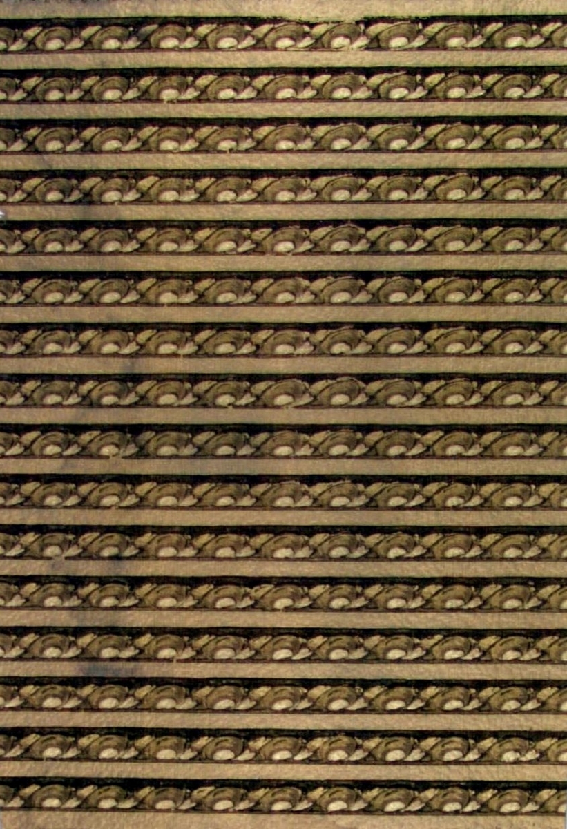Bård med enkelt mönster bestående av ett stiliserat spiralband. Tryck i guld, koppar och brunt.