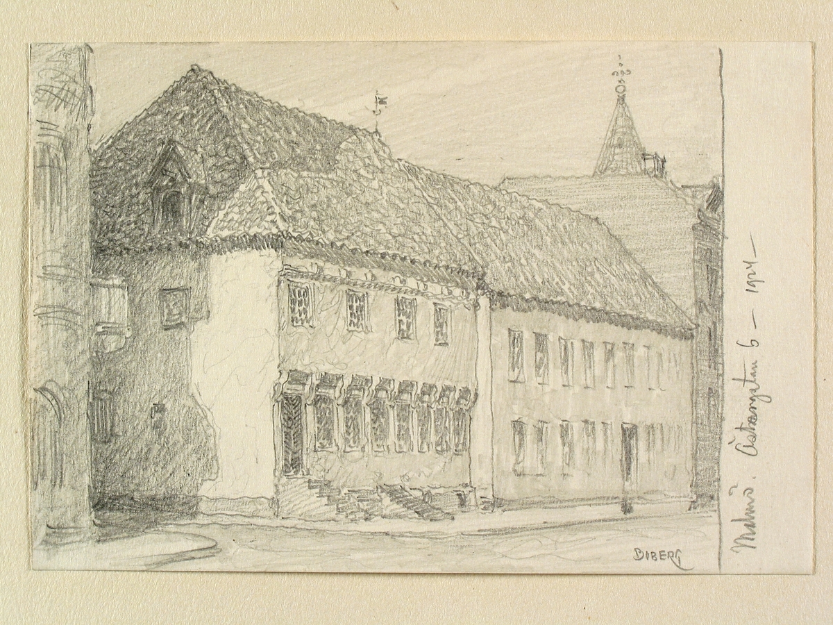 Teckning av Ferdinand Boberg. Malmö, Östergatan 6