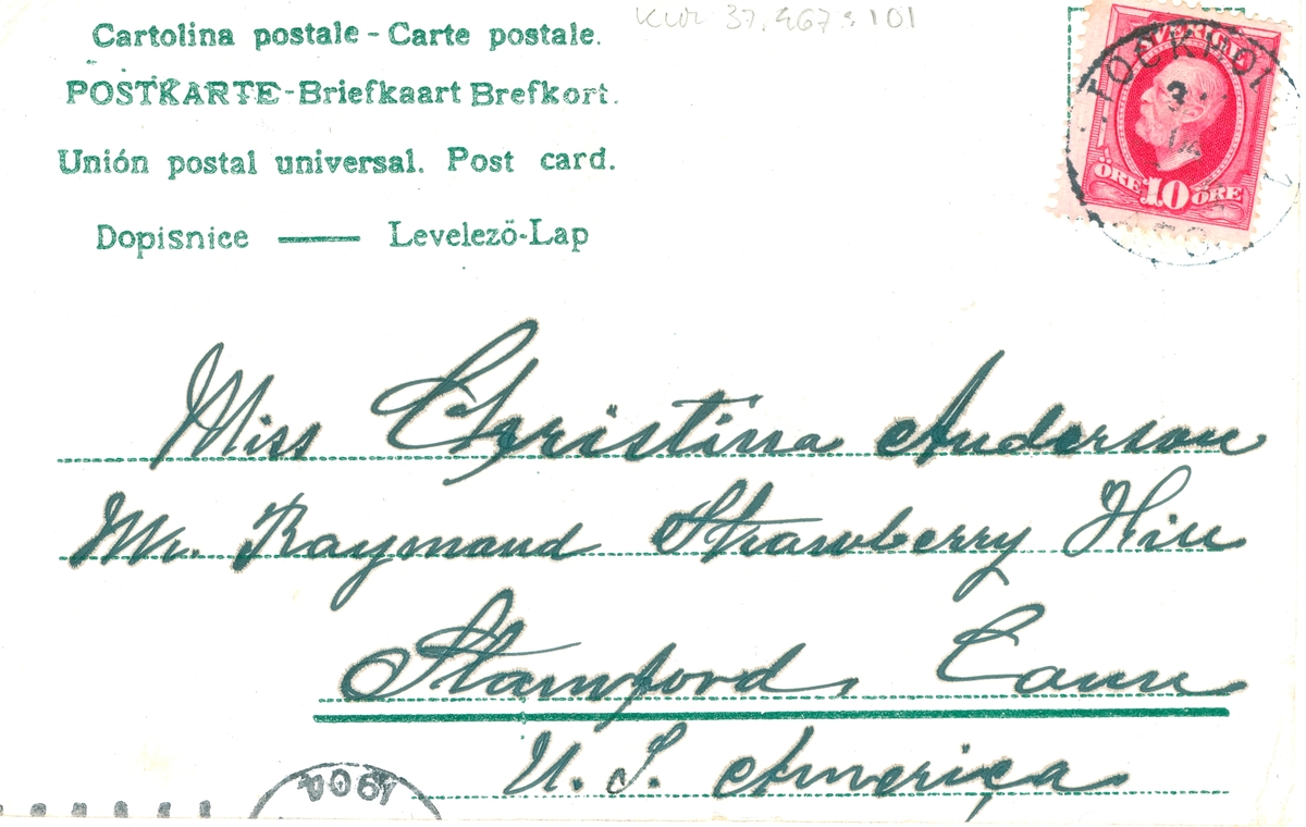 Ett vykort till Kristina Anderson, Stamford, Connecticut, USA. Det är skrivet av Edvard Nilsson i Böda.