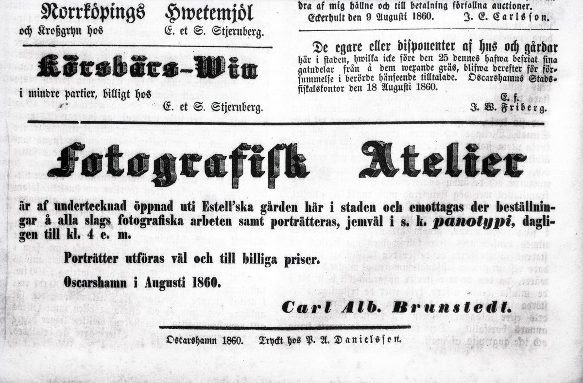 Fotografisk atelier Carl Alb. Brunstedt. Annons i tidningen Hermoder augusti 1860.