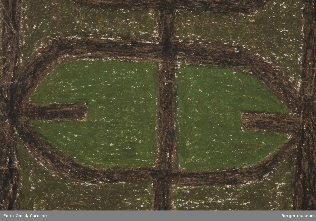Mønsteret er inndelt som langsgående grønne og terrakottarød striper dekorert med geometriske mønstre i brunt.
