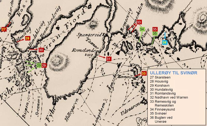 Utsnitt fra Paul Løwenørns sjøkart nr. 5 over den norske kyst fra ca. 1800, hvor man kan se havnen Svinør avmerket (nr. 35), samt de viktigste seilingsrutene i området. (Foto/Photo)