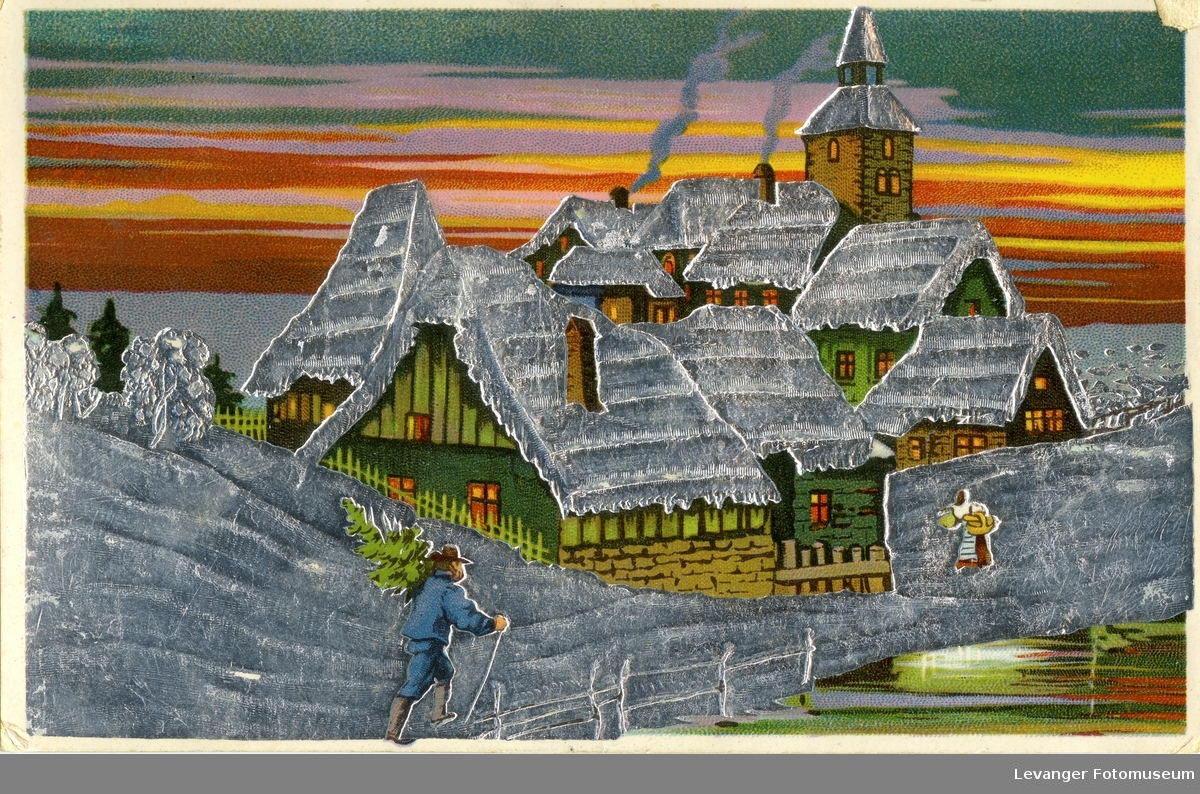 Postkort tegning av landsby, sveitsisk inspirerte hus