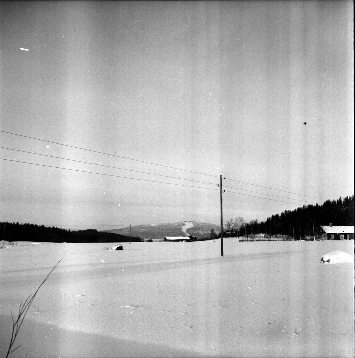 Arbrå, "Trivsla" i Roren. Till höger "Westbergs" i början av byn Roren, Vallsta. I bakgrunden syns Åsberget (Orfa).
Foto januari 1970.
