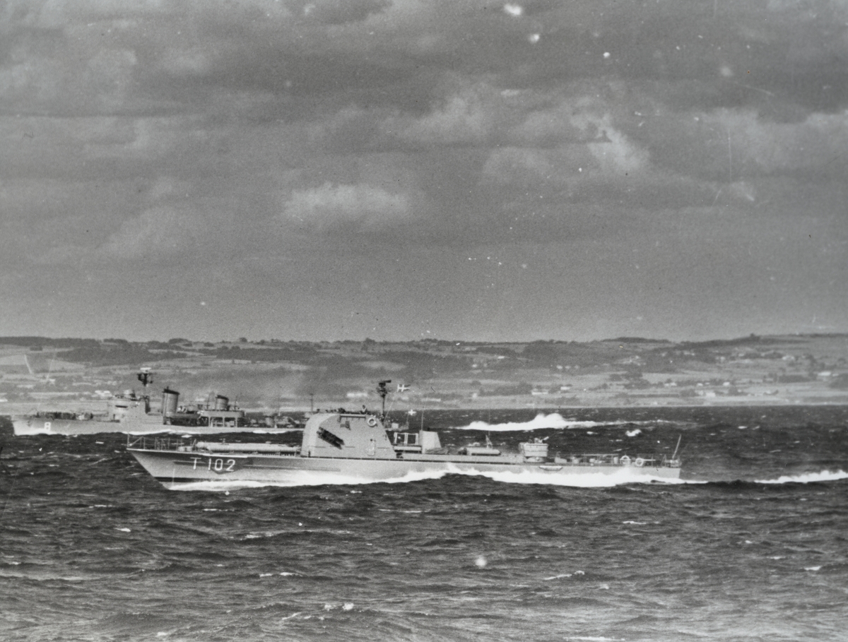 Den svenskflaggade torpedbåten HMS Plejad med fartygsnummer T102 framförs i Skälderviken. I bakgrunden syns ytterligare ett fartyg med fartygsnummer 8. Bilden är tagen i samband med "Operation kullen" 1955.