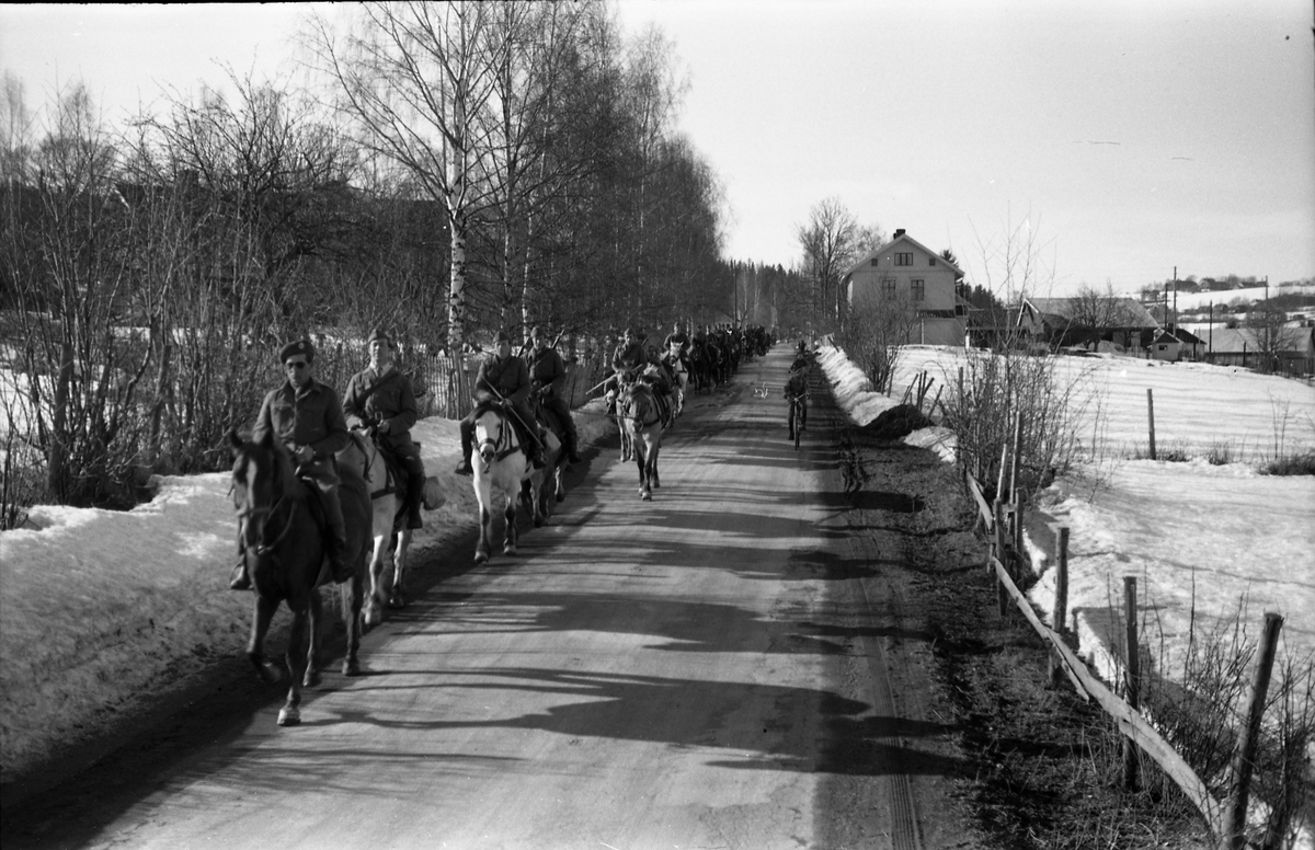 Ryttere fra Hærens Hesteskole på Starum på vegen ved Vennevold, Østre Toten, vinteren 1950.