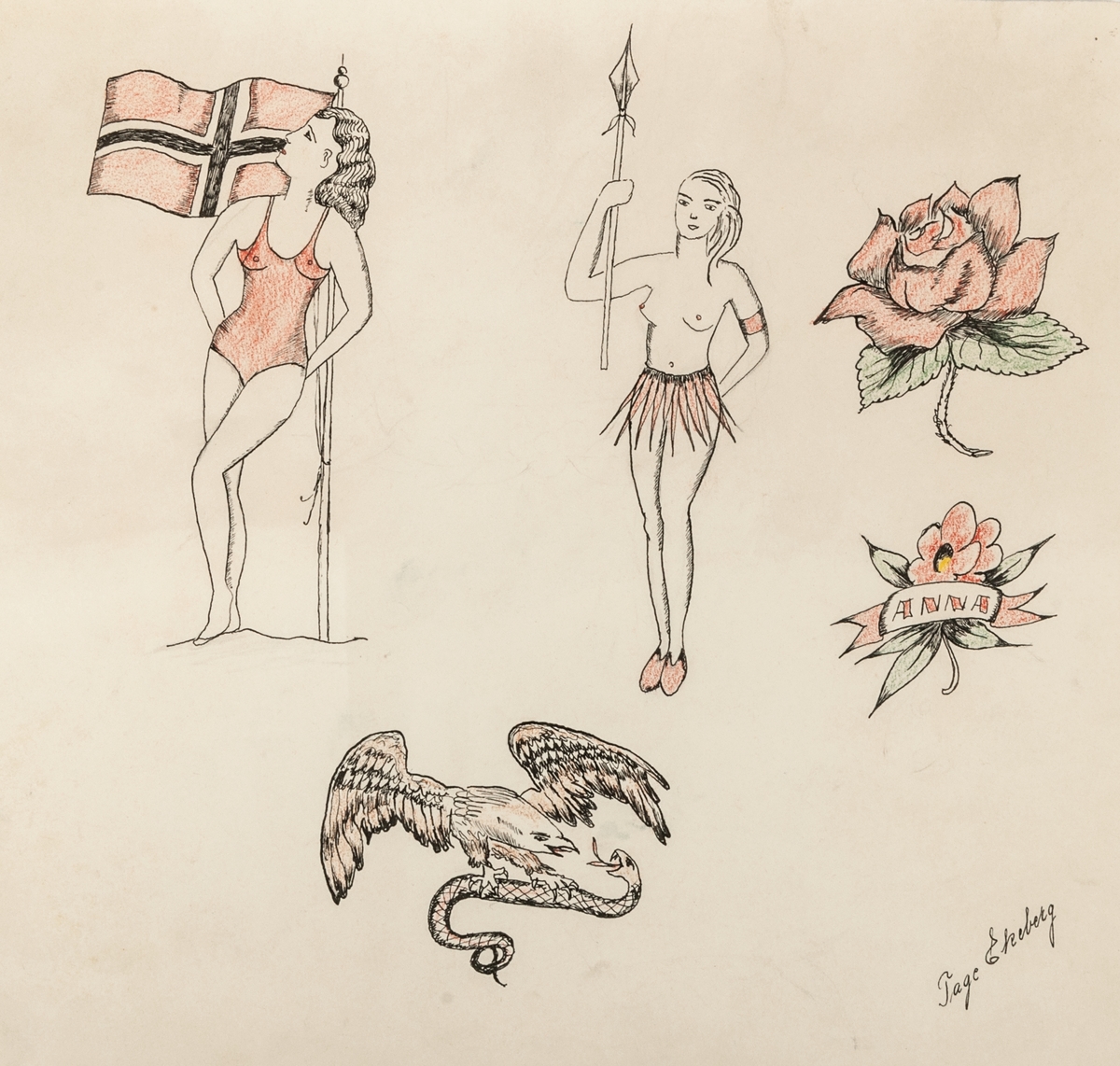 Tatueringsförelagor. 4 stycken teckningar föreställande kvinna med stjärnbanér, fregatt med kvinnoansikte, räddningskrans, skepp "Sailors grave" hjärtan, orm, örn med namnet Linnéa, m.m.