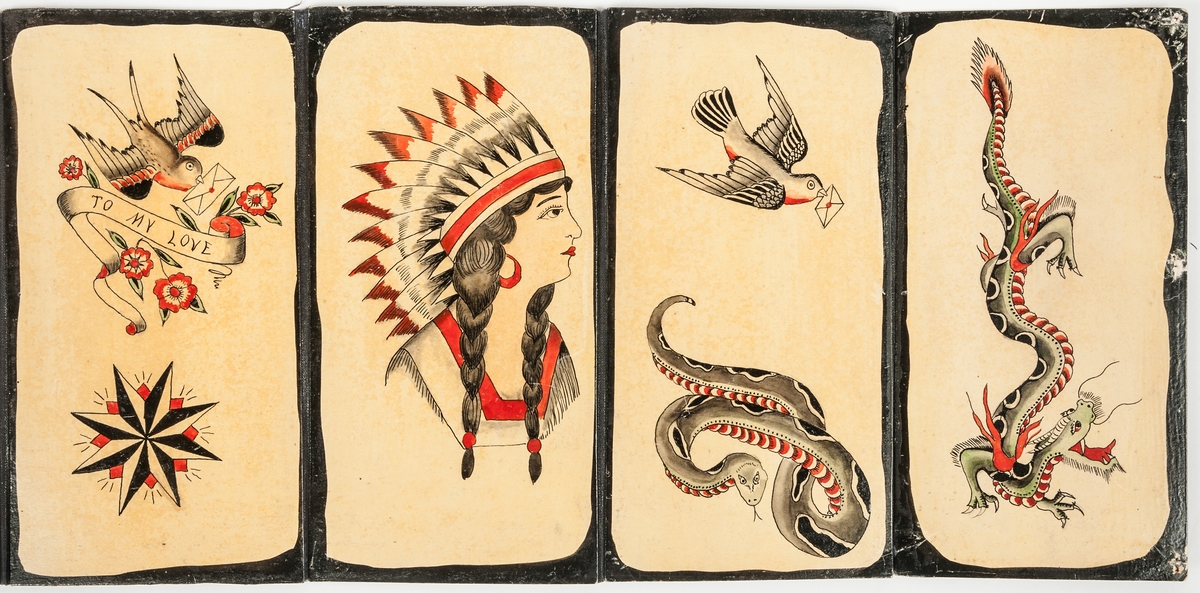 Tatueringsalbum: Storlek. 10 x 20 cm, med bilder av skepp hjärtan , "love", indianer, ormar, fjärilar, örnar, brevduvor, kinesisk drake, fullriggarskepp. -Svart ram kring bildytorna.