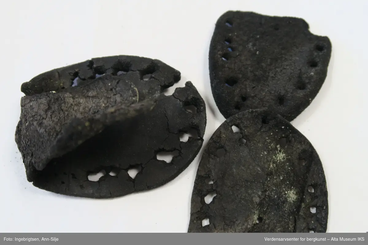 Det er fragmenter av hæl, tre stykker, et lavbegrodd overstykke av sko og et fragment i metall.
