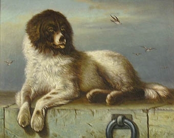 Enligt liggaren: Oljemålning av A. Liedgren, liggande hund, guldlist.