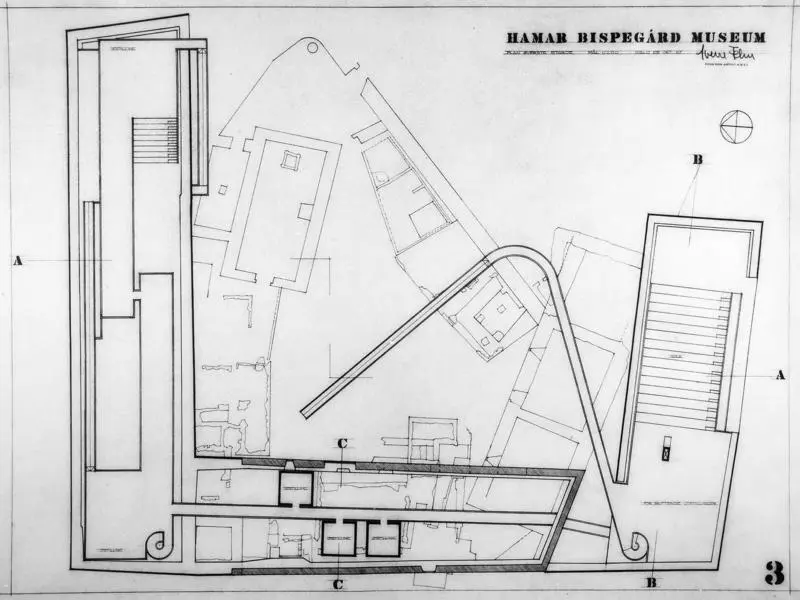 Plantegning over Storhamarlåven av Sverre Fehn.