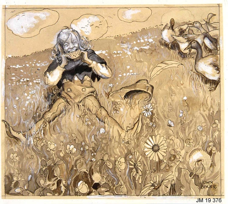 Akvarell föreställande en pojke framifrån som sitter bredbent på en sluttande äng och äter en smörgås, hatten ligger i gräset, längst upp till höger en flock gäss. I bakgrunden moln med fåglar som flyger, i förgrunden blommor på ängen.