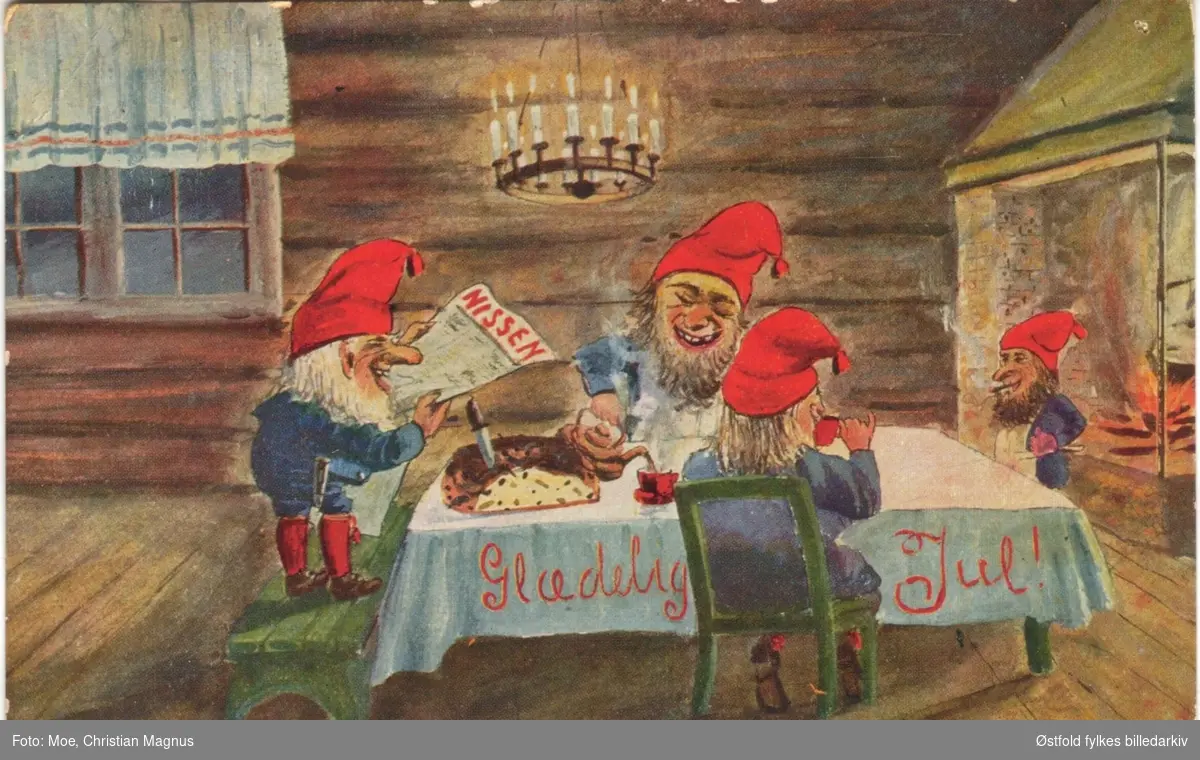 Julekort. Tegning. Signatur utydelig - muligens M. Nissefest med julekake. Poststempla 1919.