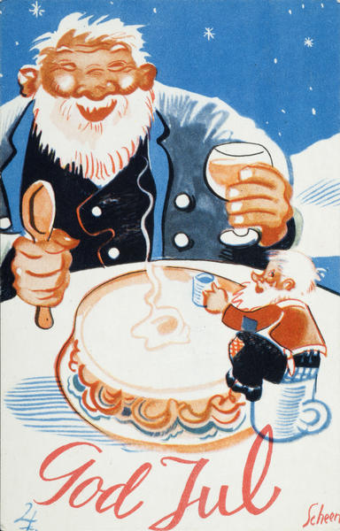 Julekort av stor mann med hvitt skjegg og briller, han holder et ølglass i ene hånda og ei sleiv i den andre. Foran ham står et grøtfat, og på kanten av fatet sitter en liten nisse. Påskriften "god jul" med rød løkkeskrift nederst.
