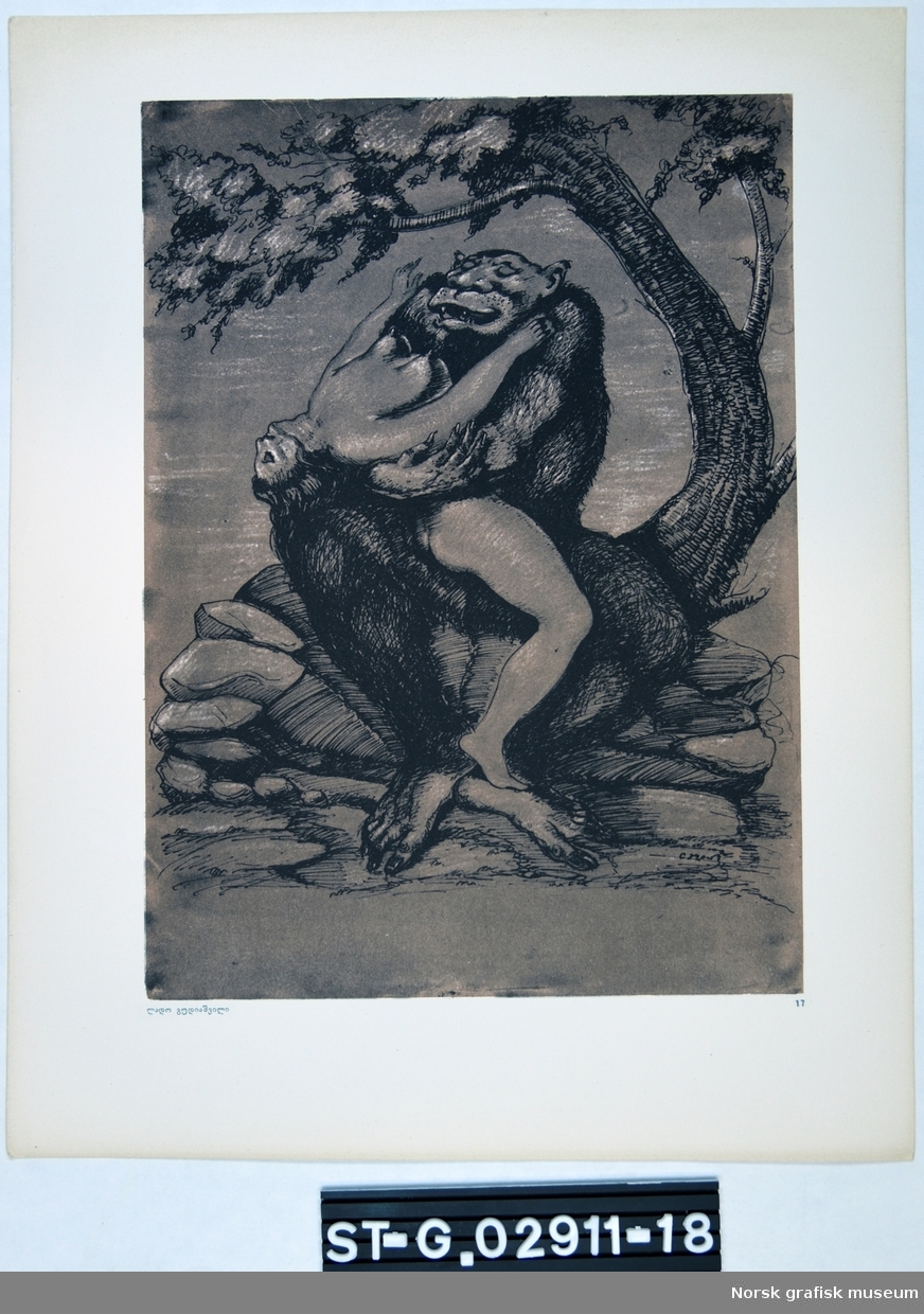 En naken kvinne sitter skrevs over fanget på et beist/ mytisk skikkelse.