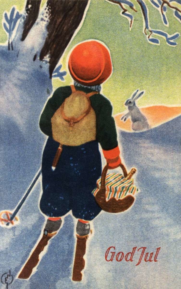 Julekort. Ubrukt. Vintermotiv. Et barn på ski. Med sekk og kurv. Hare. Illustrert av Erling Nielsen.