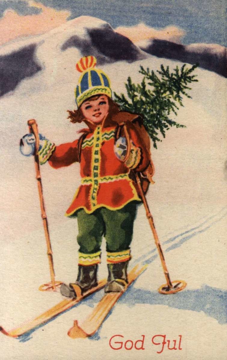 Julekort. Ubrukt. Vintermotiv. Barn i samedrakt på ski. Juletre på ryggen.