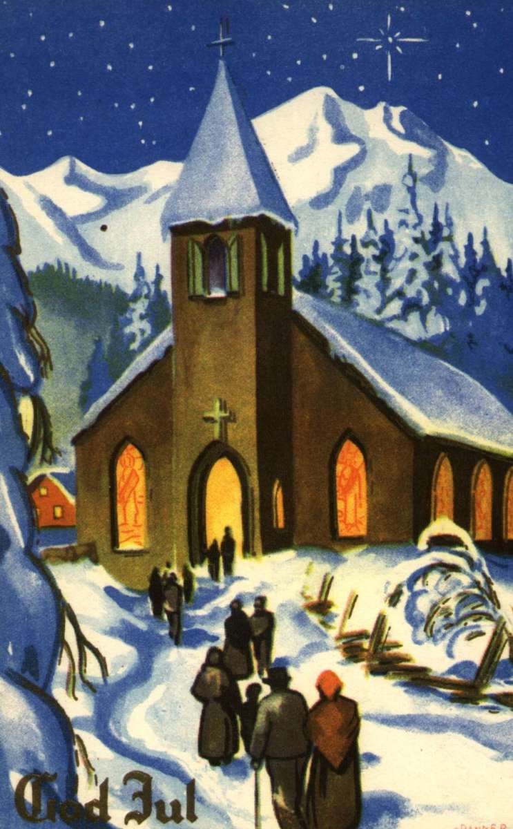 Julekort. Ubrukt. Vintermotiv. Kirkegjengere på vei til en opplyst kirke.