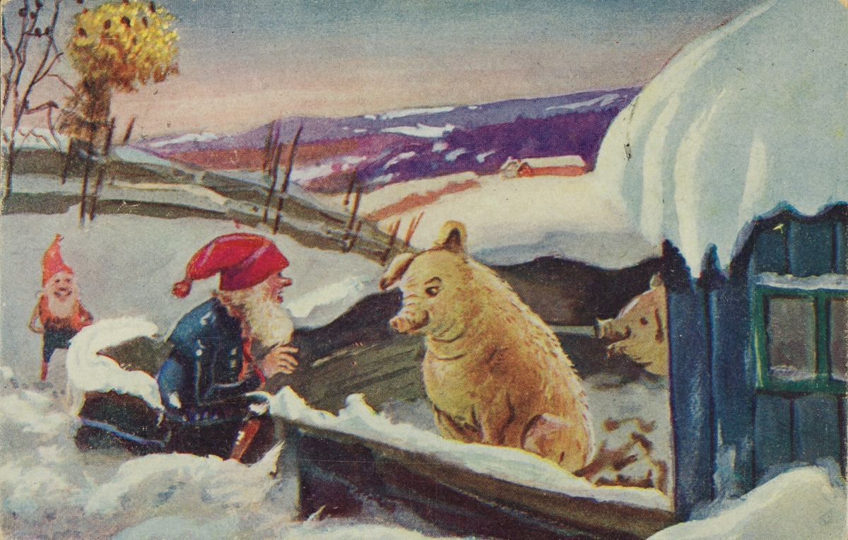 Julekort. Jule- og nyttårshilsen. Vintermotiv. En nisse står utenfor en grisebinge med to griser. En annen nisse betrakter dem. Et kornband er plassert på skigarden i bakgrunnen. Der er det fullt av fugler. Poststemplet 22.12.1928.