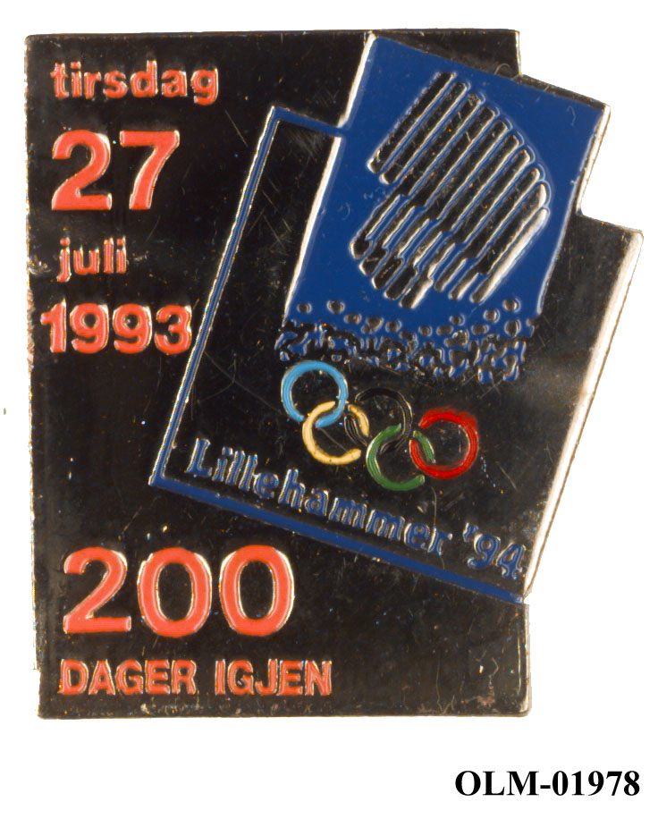 Rektangulært stående merke der emblemet for Lillehammer '94 står på skrå. Merket viser at det er 200 dager igjen til åpningen av OL.