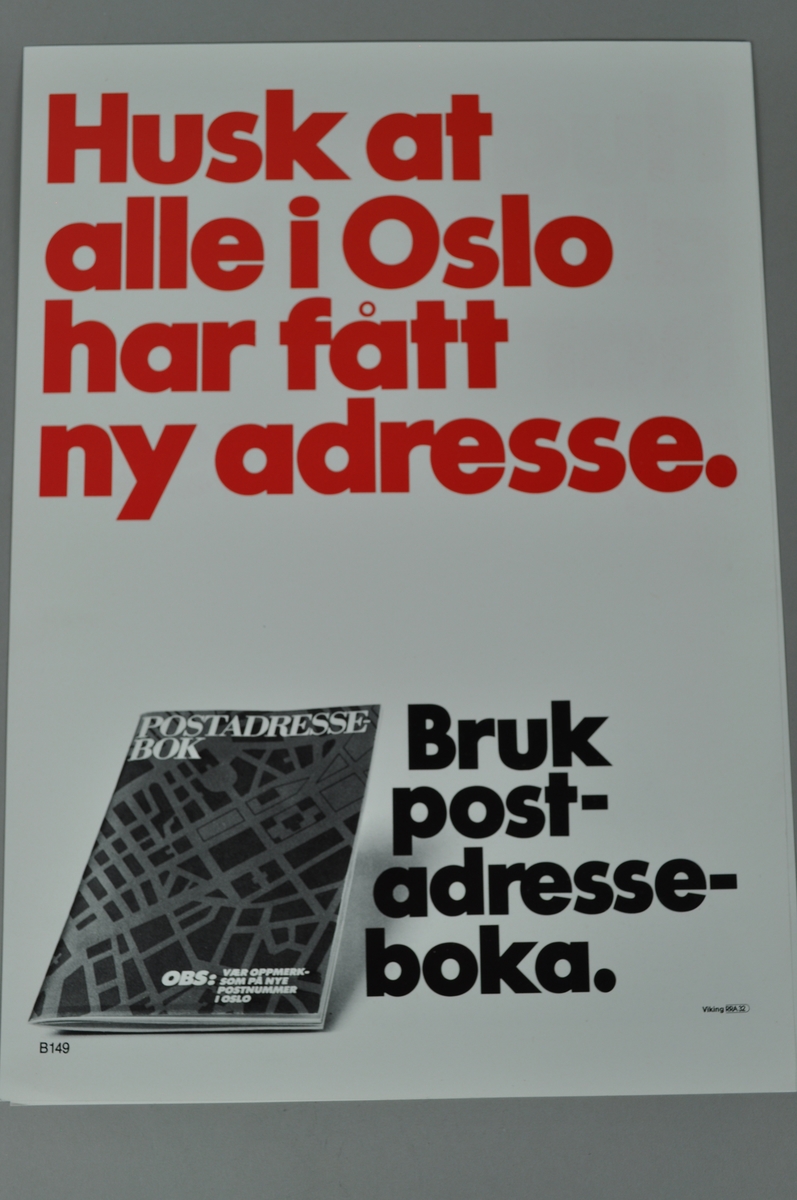 Rektangulær plakat med tekst. Nye adresser i Oslo.