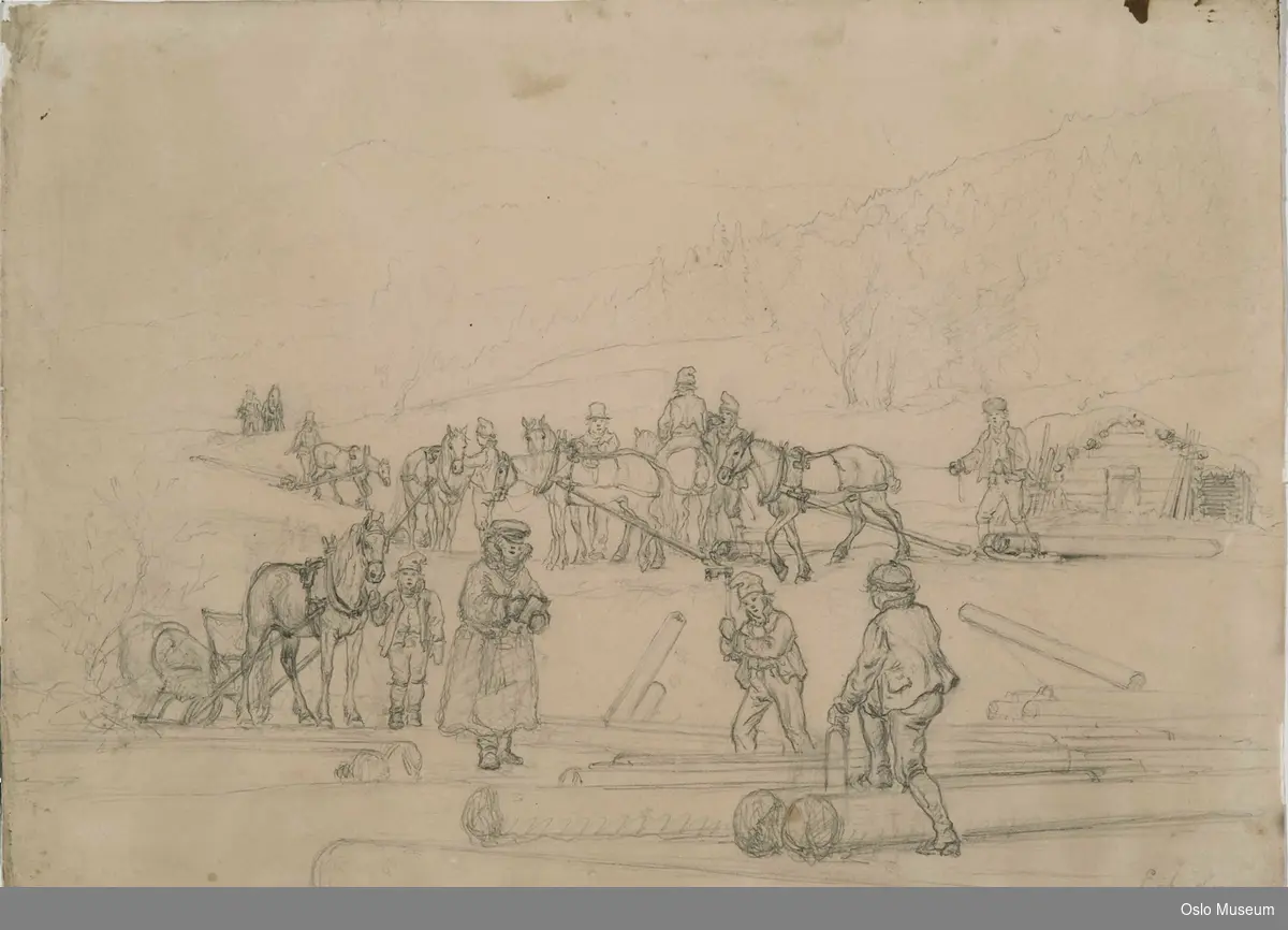 tømmerkjørere, huggere, arbeide, arbeidsfolk, hester, sleder, tømmerkoje