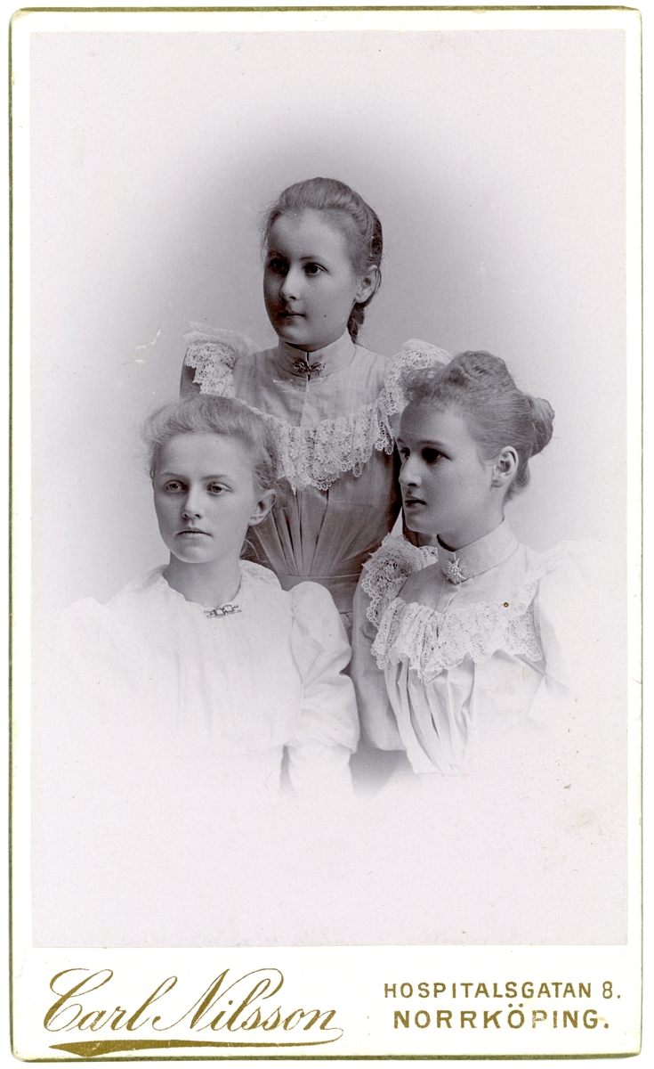 Porträtt av systrarna Ebba och Bertha von Schmalensée med vännen Helena Engholm. Systrarna döttrar till fabrikör Oscar Wilhelm von Schmalensée (1814-1880) och Sofia Henrietta Hjertstedt (1833-1911). Vännens identitet har inte kunnat styrkas.