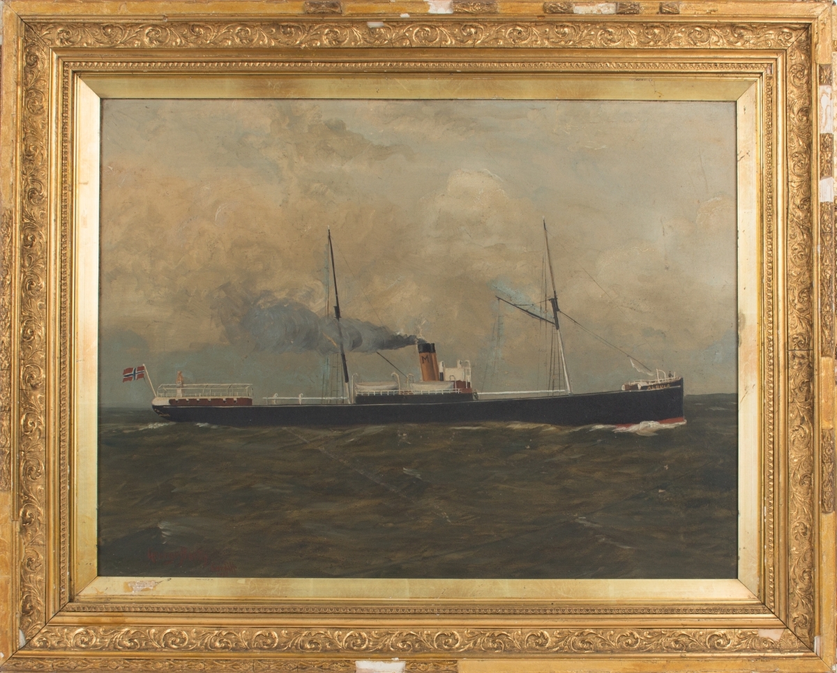 Skipsportrett av DS ALBULA under fart med skorsteinsmerke til rederiet C. Mathisen i Bergen.