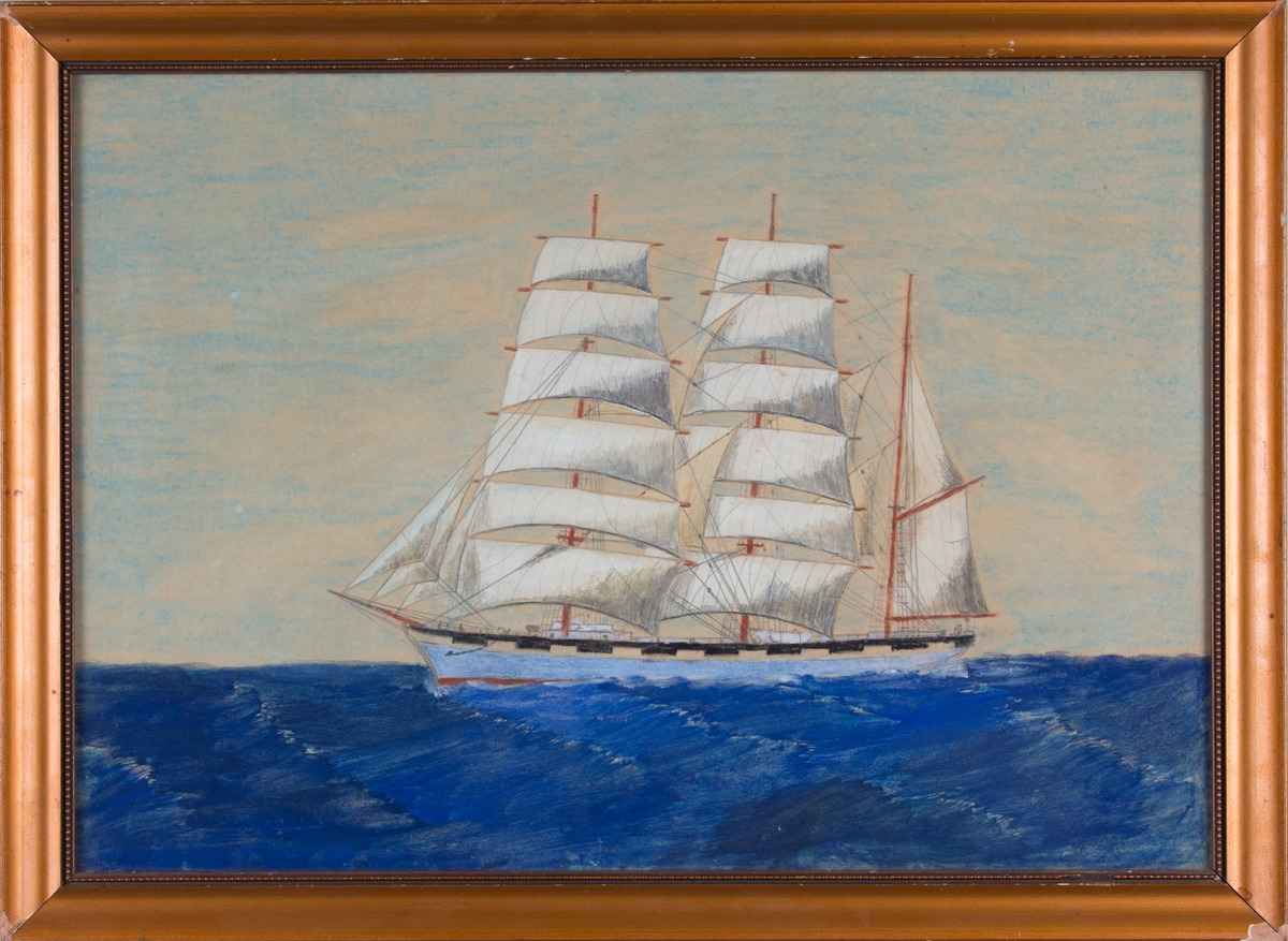 Skipsportrett av bark NORRØNA for fulle seil på åpent hav.  Den fargelagte tegningen er litt amatørmessig og trolig utført på hobbybasis.