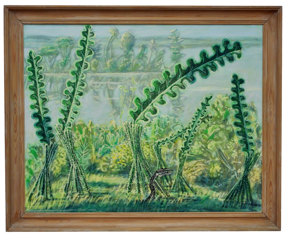 Målning av Karl Axel Pehrson "Knippstamblad på stranden av Lraksjön". Signerad med titel och namn 1969.
Ett urtidslandskap med jättelika ormbunksväxter; i förgrunden ett bepansrat ödle- eller ormhuvud.